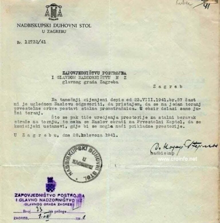 Степинац одобрио постављање усташке осматрачнице на јужном торњу катедрале у Загребу